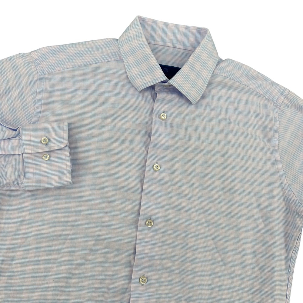 David Donahue Mens Trim Fit Dress Shirt 15.5 32/33 Blue Lavender Micro Check